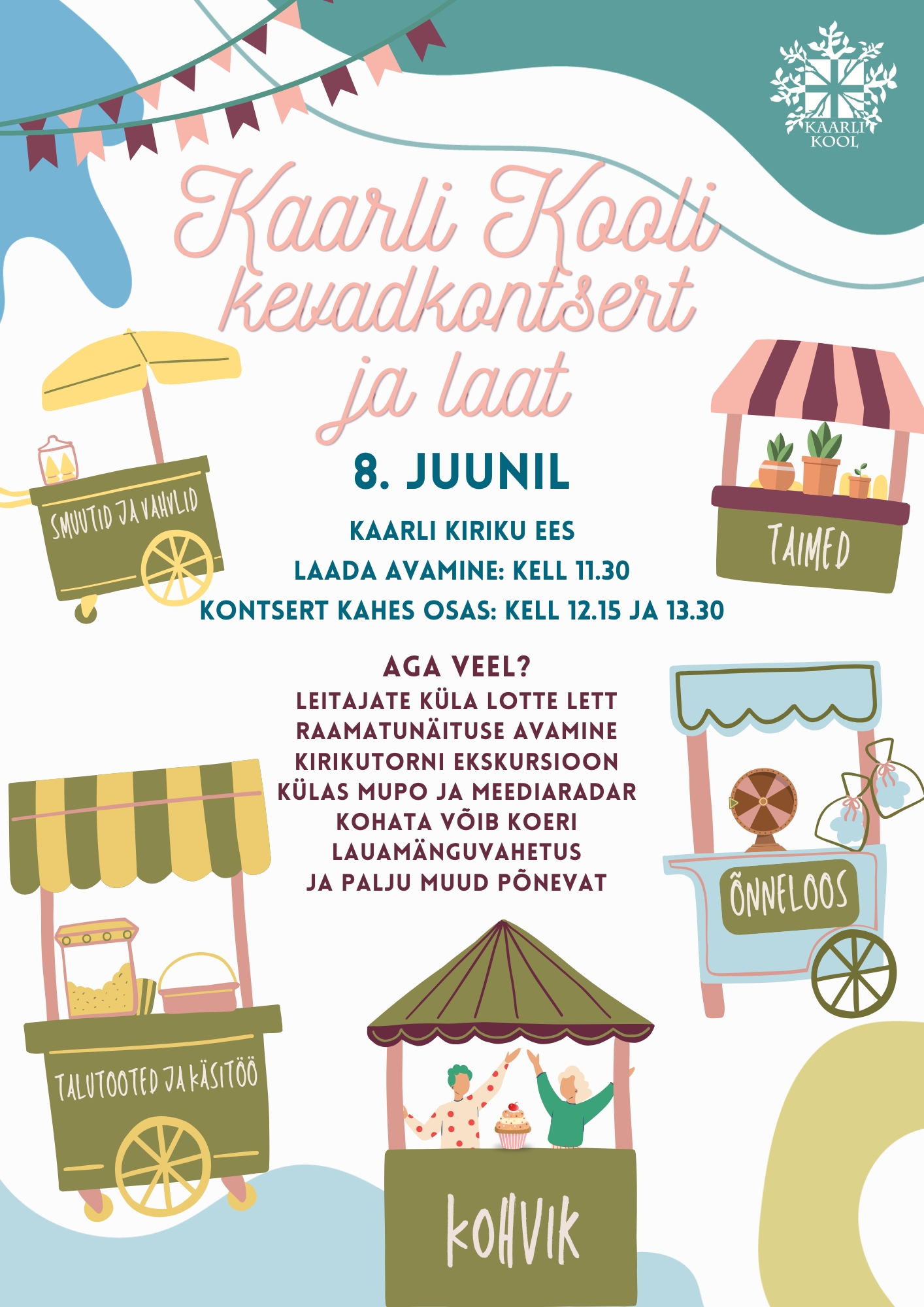 🗓️ Kontsert ja laat toimuvad 8. juunil Kaarli kiriku esisel platsil. Laat avatakse kell 11:30 ja kestab kuni umbes 14:30. Tule ja veeda üks imeline päev täis mu