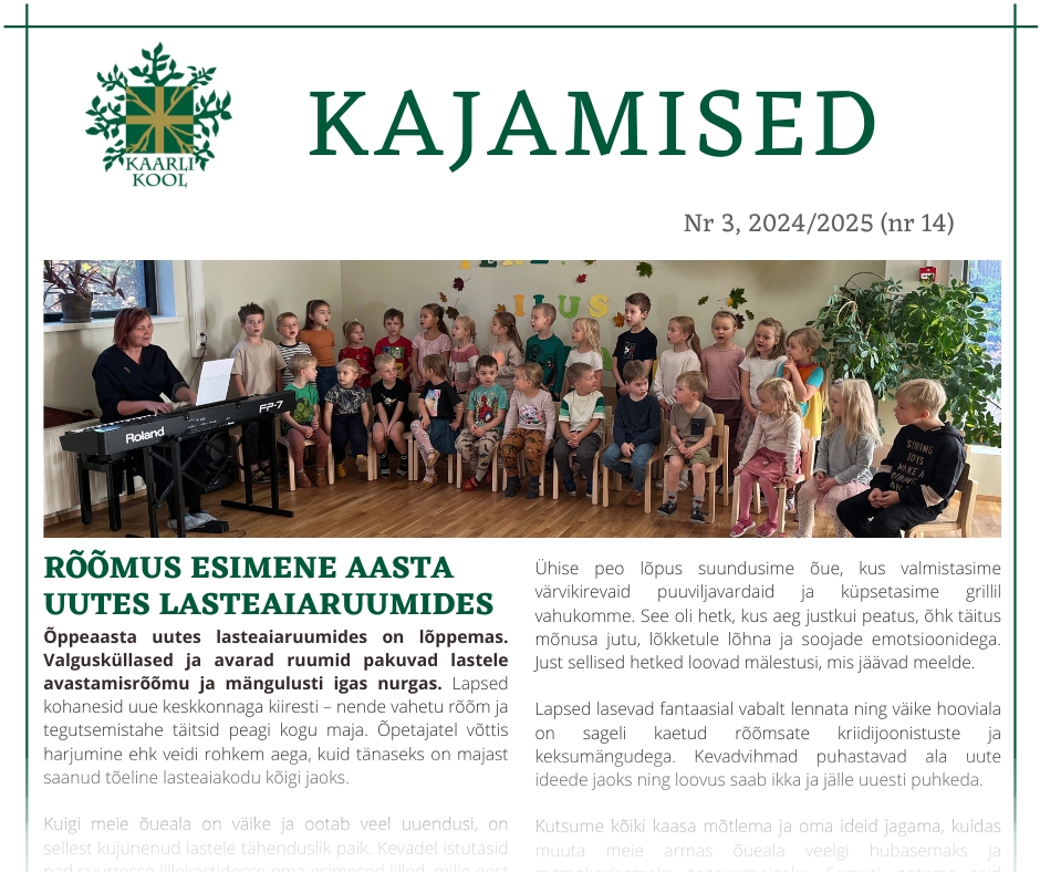 Uut ja põnevat lugemist leiate Kaarli Kooli õppeaasta viimasest Kajamiste numbrist. Mõnusat lugemist! https://kaarlikool.ee/avaleht/kajastused/ (Kajamised nr 3,